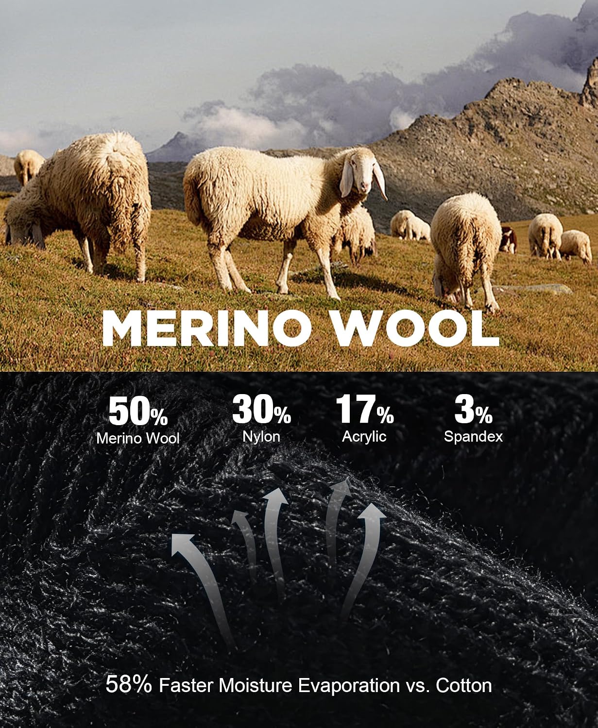 Detalle de TANSTC Merino Wool Hiking Socks (Thick Cushioned) – Anti-blister Breathable Crew Socks, 3 Pairs