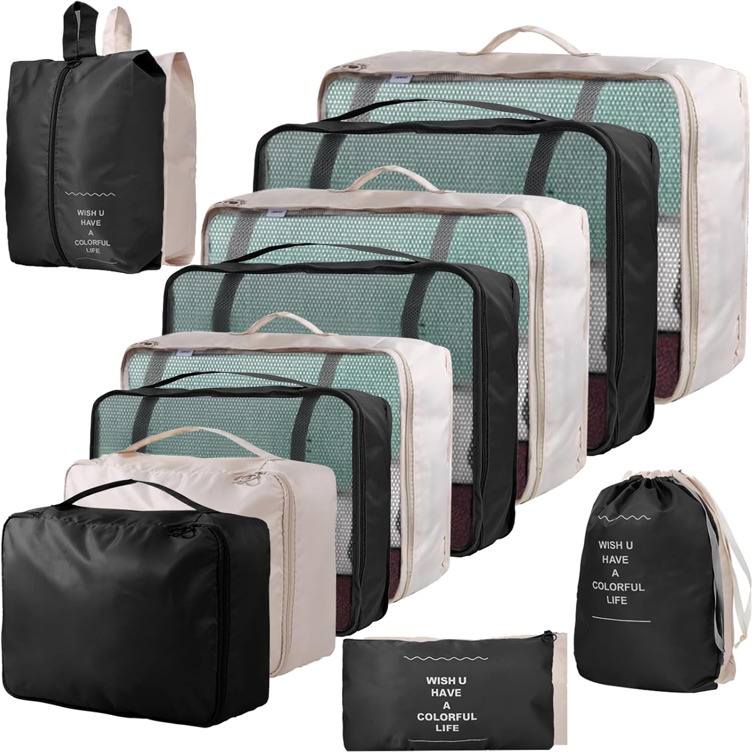 Detalle de 14-teilige Zweifarbige Koffer Organizer – Ordnung im Gepäck mit 14 Teilen in Schwarz & Beige
