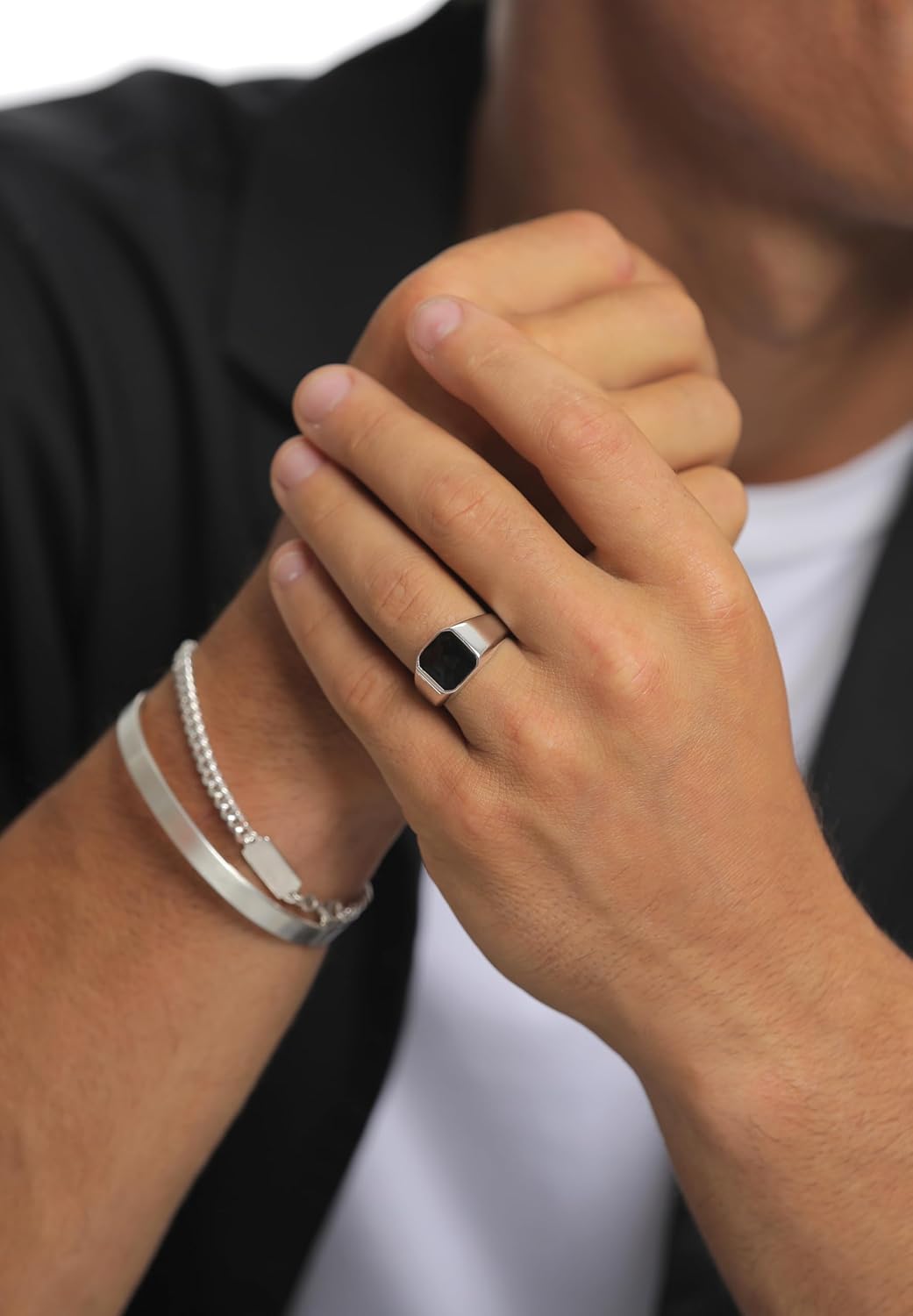 Thumbnail 5 de Kuzzoi Siegelring für Herren: Achteck mit schwarzer Emaille, massives 925er Sterling Silber (10 mm breit) in Ringgröße 60–66