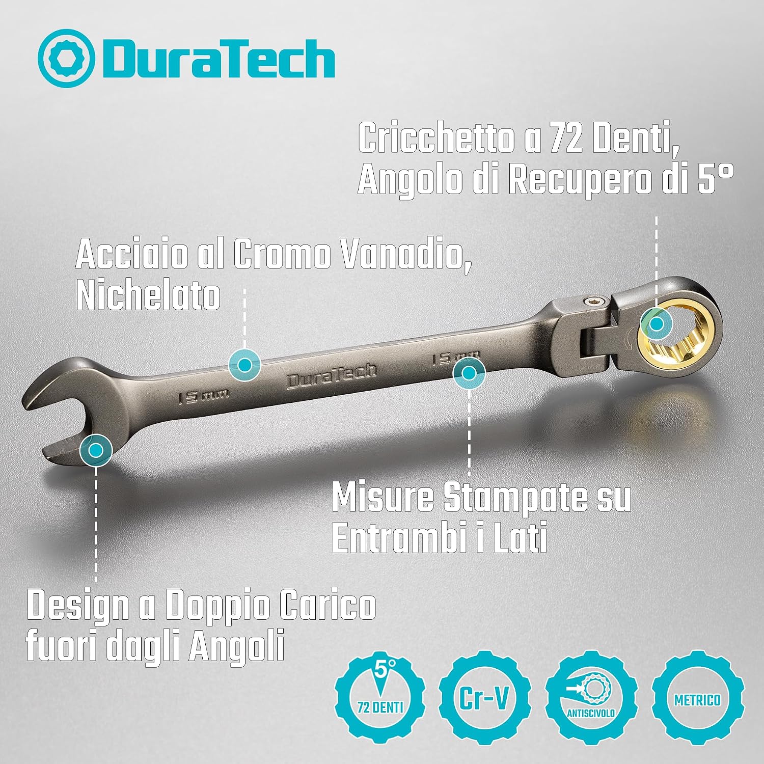 Detalle 2 de DURATECH set di 12 chiavi combinate a cricchetto con testa flessibile CR-V, 8–19 mm, 72 denti in valigetta