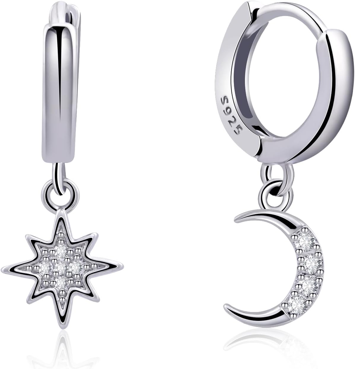 Detalle de 925 Sterling Silver Moon & Star Huggie Hoop Earrings – Handmade Drop Dangle Jewellery