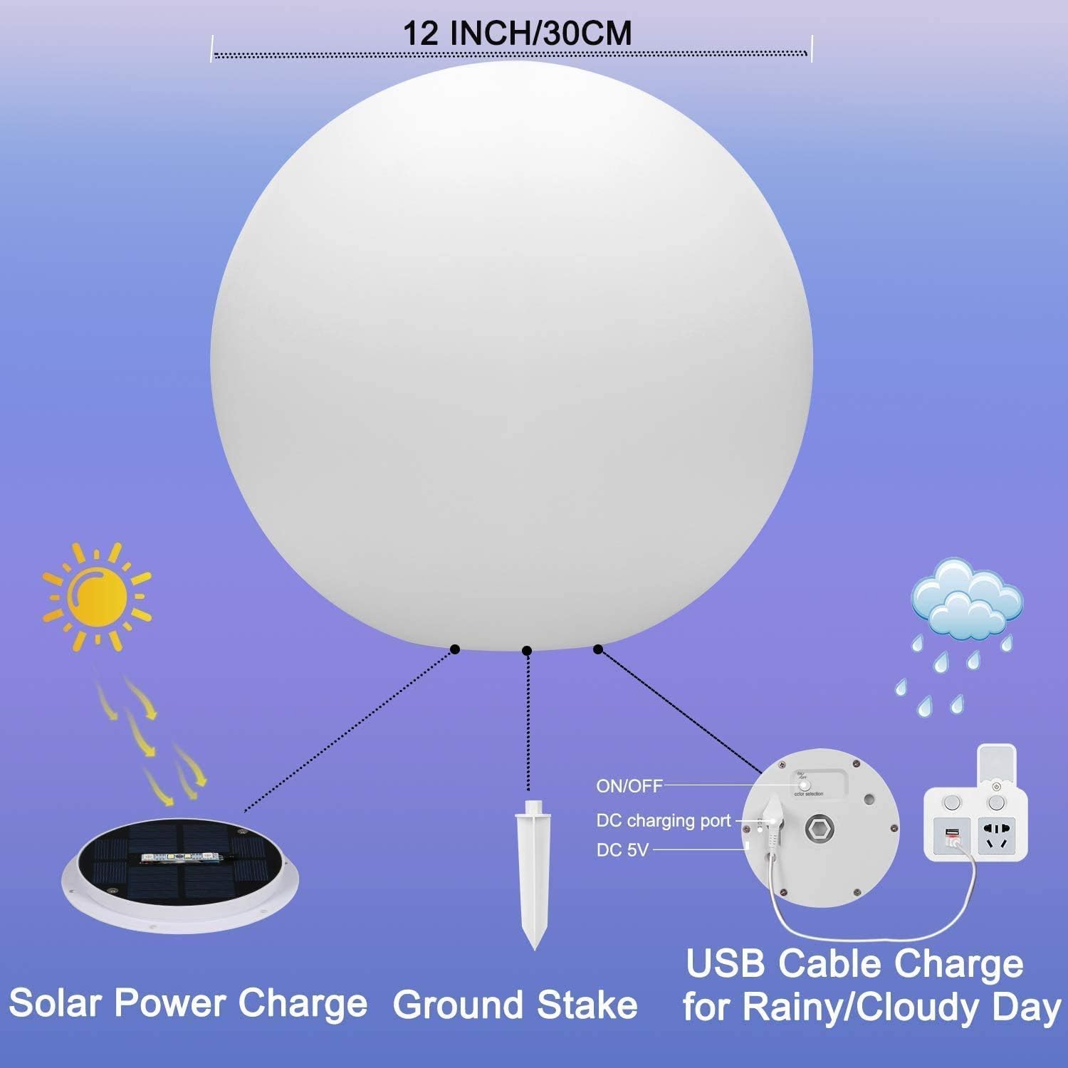 Detalle de 2er-Set: 30 cm RGB Solar-Kugelleuchten mit Fernbedienung, IP66 Außenbeleuchtung für Garten, Teich und Terrasse