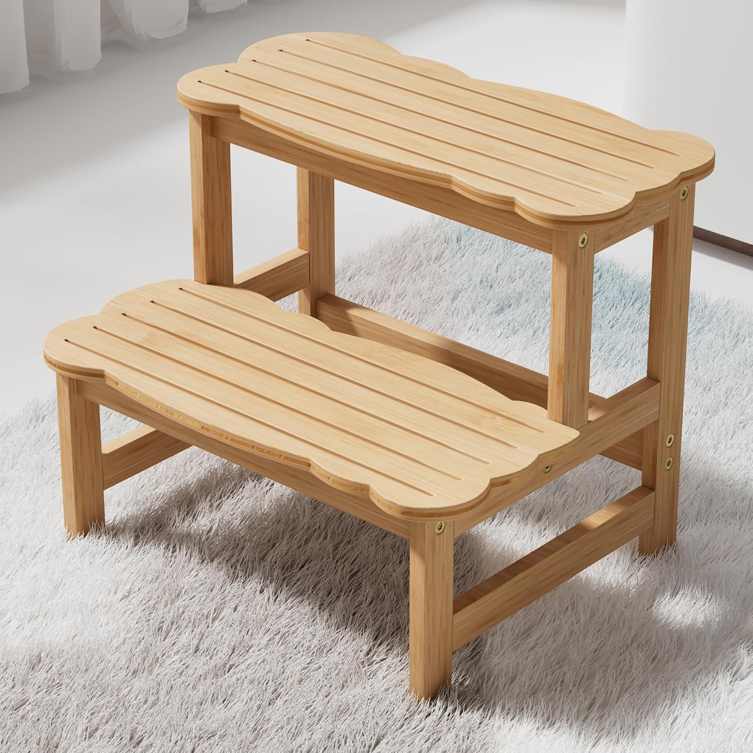 Detalle de COSYLAND Kids Step Stool – Wooden Two-Step Stool (Natural) with 300 lb Capacity