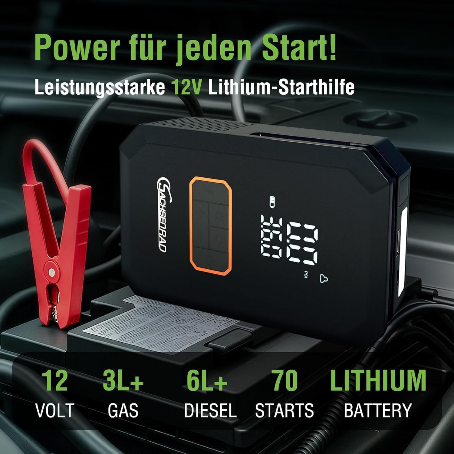 Thumbnail 2 de SachsenRAD Starthilfe Powerbank für PKW mit 12V Luftkompressor (bis 150 PSI) und 1.200A Jump Starter