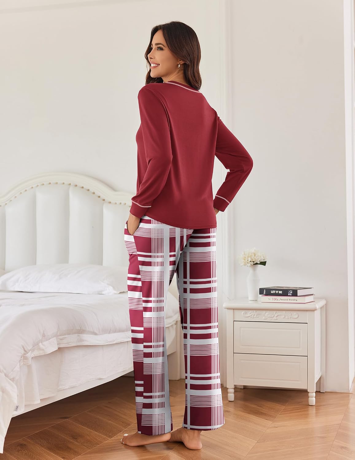 Detalle de Ekouaer Women’s Pyjamas Set – long sleeve top and plaid bottoms with pockets