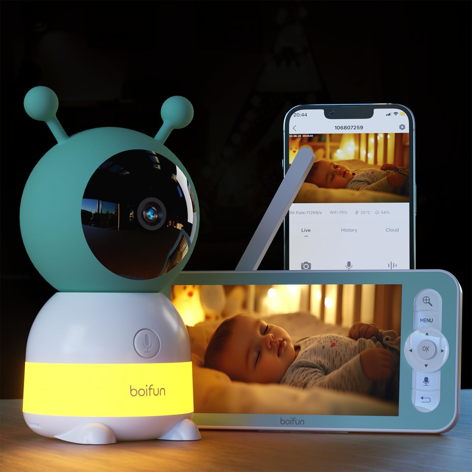 BOIFUN 2K WLAN Babyphone mit Kamera, App und 5-Zoll-Monitor (IR-Nachtsicht, 360°-Kamera, Sensoren)