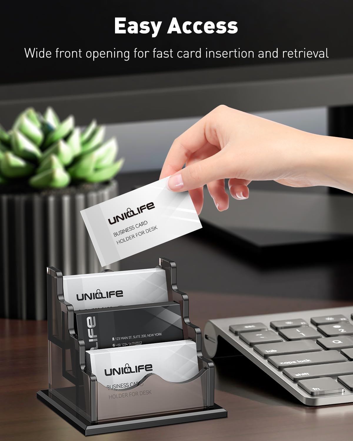 Detalle 2 de Uniclife Porte-cartes d'affaires en acrylique — 3 fentes, 180 cartes, design gris fumé