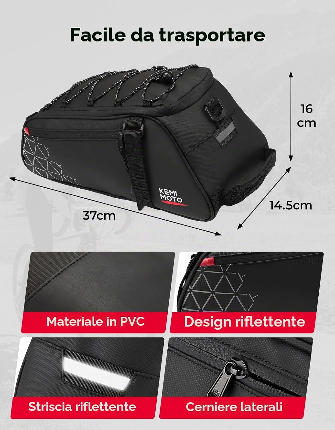 Detalle de KEMIMOTO Borse per Bici 2 in 1 da 8L: impermeabile, versatile e facile da montare