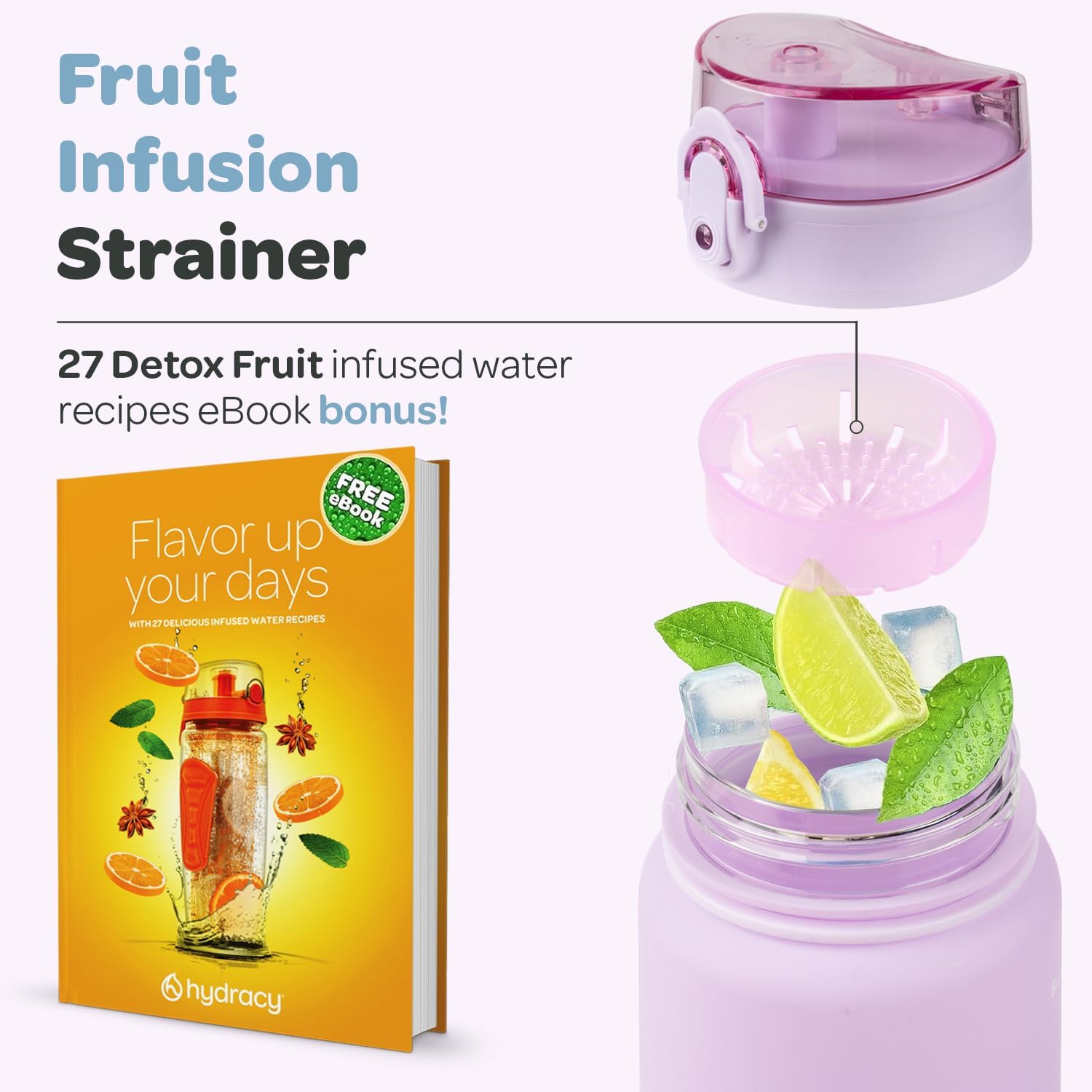 Detalle 2 de Hydracy Water Bottle with Time Marker – 1 Litre, BPA Free, Leak-Proof with Fruit Infuser and Strap
