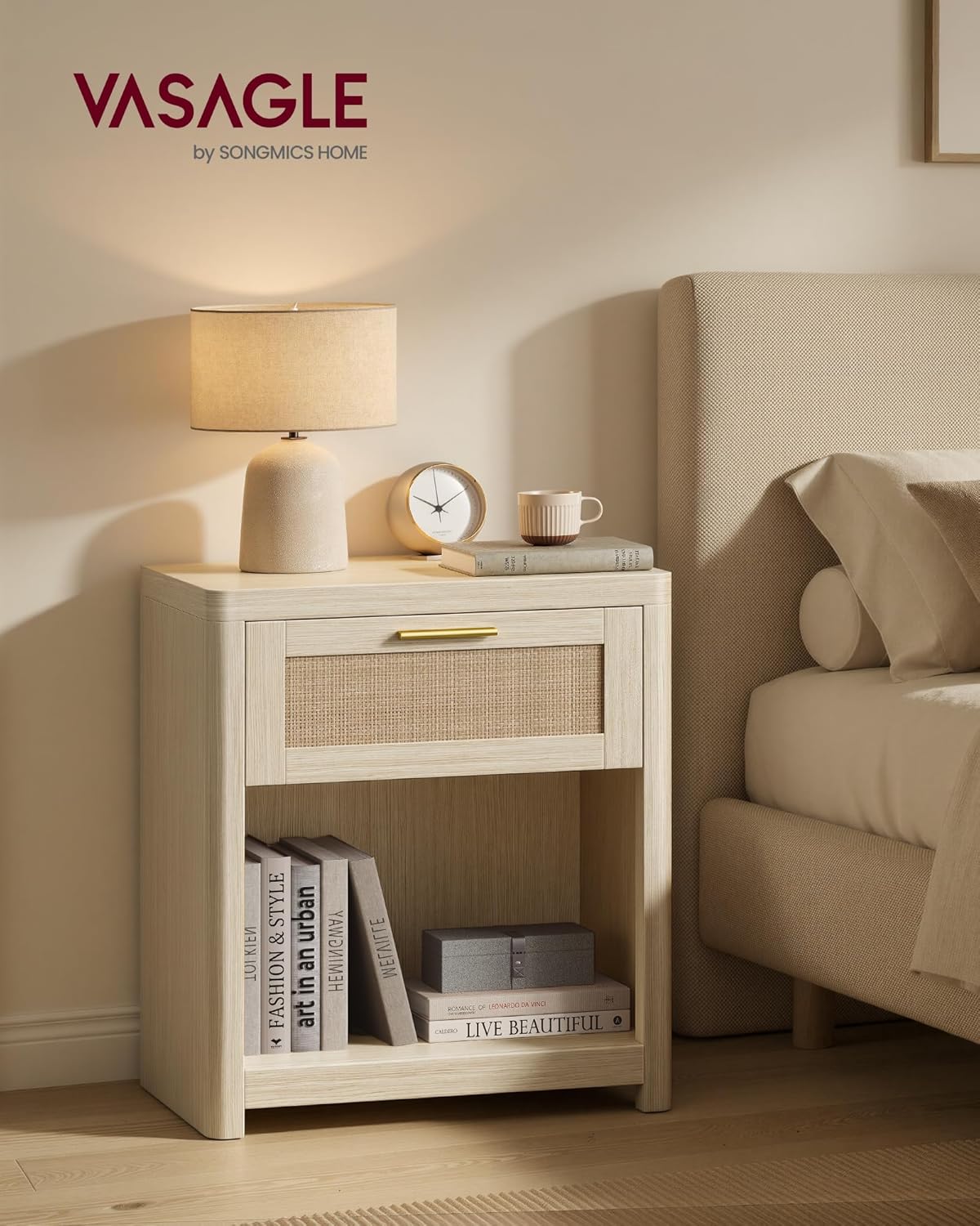 Detalle de VASAGLE ELLAN Collezione – Comodini Boho con Cassett o in Effetto Rattan, Set da 2, Beige Naturale LET818LC01