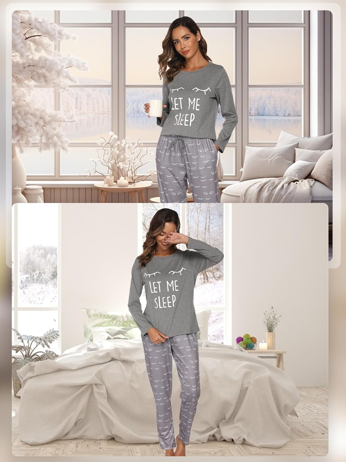 Thumbnail 2 de Reliwel damespyjamaset met lange mouwen, print en broek met zijzakken