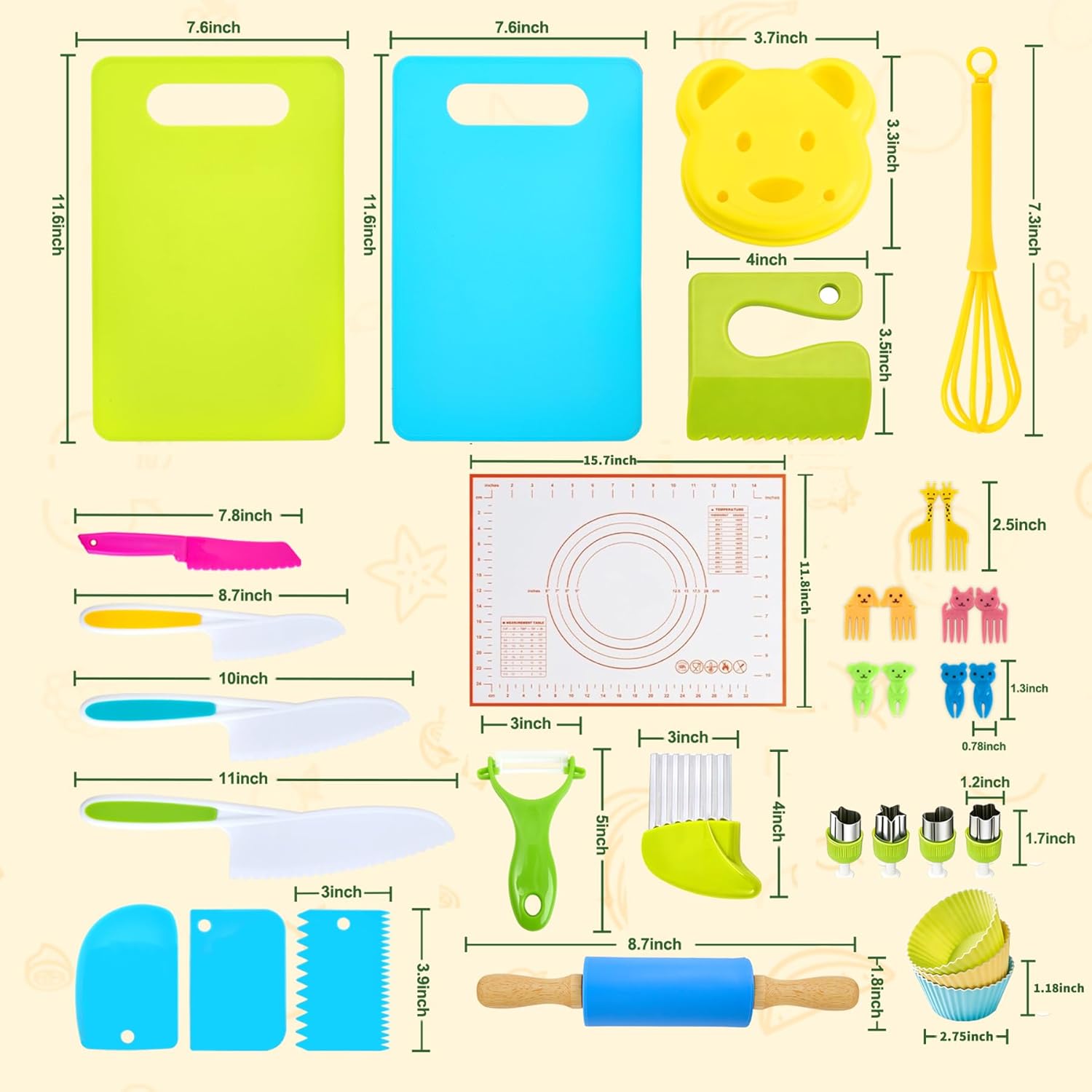 Detalle de Ciphuoly Kit Cuisine Enfant – 32 pièces: ustensiles sûrs pour cuisiner avec les petits (2 ans +)