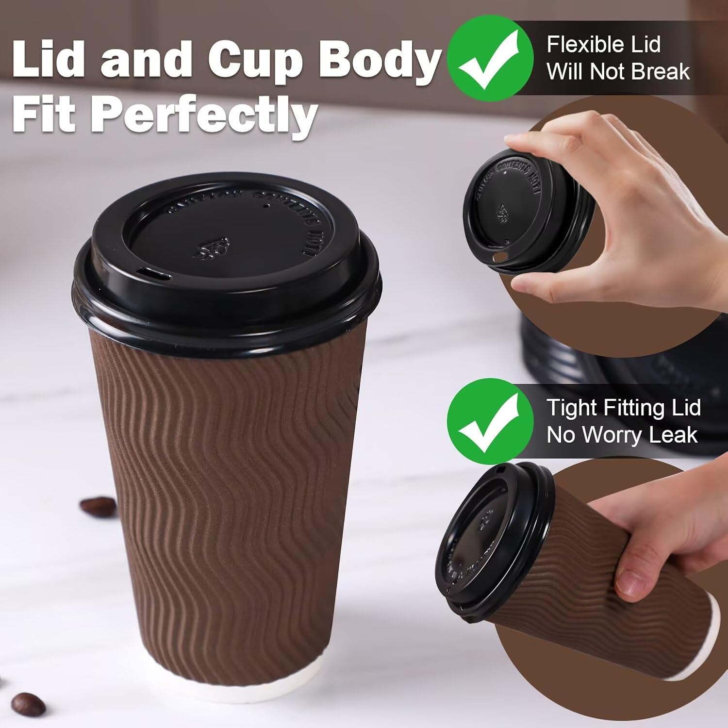Detalle de Huifany 16 oz Coffee Cups with Lids (50 Pack) — Insulated, Leak-Resistant, Disposable