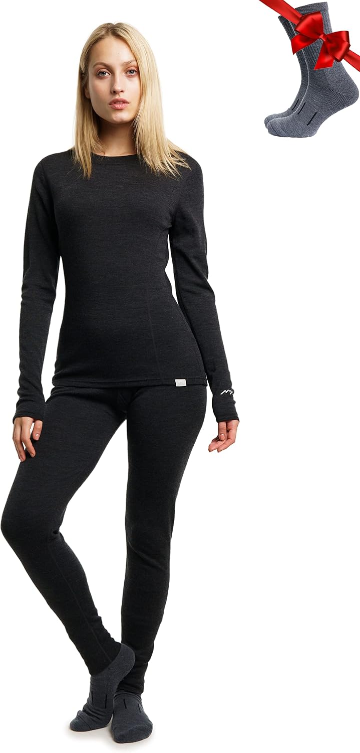 Detalle 2 de Merino.tech 100% Merino Unterwäsche Damen Set Langarm Shirt Hose + Socken