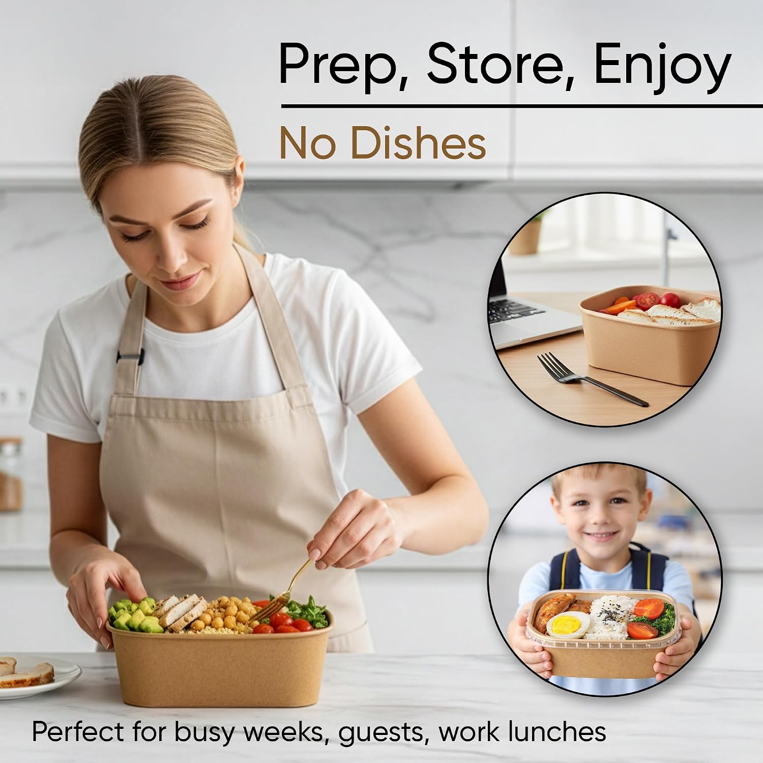 Thumbnail 6 de Leafiew 50 Pack 29Oz Disposable Meal Prep Containers with Lids – Microwave & Freezer Safe Kraft Paper Bowls