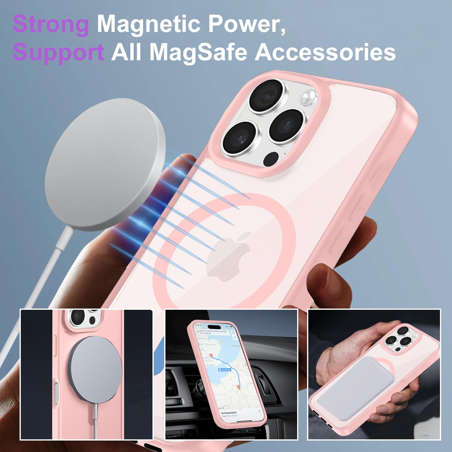 Detalle de Magnetic Cover per iPhone 16 Pro - Rosa chiaro, con 2 vetri temperati e bumper in TPU