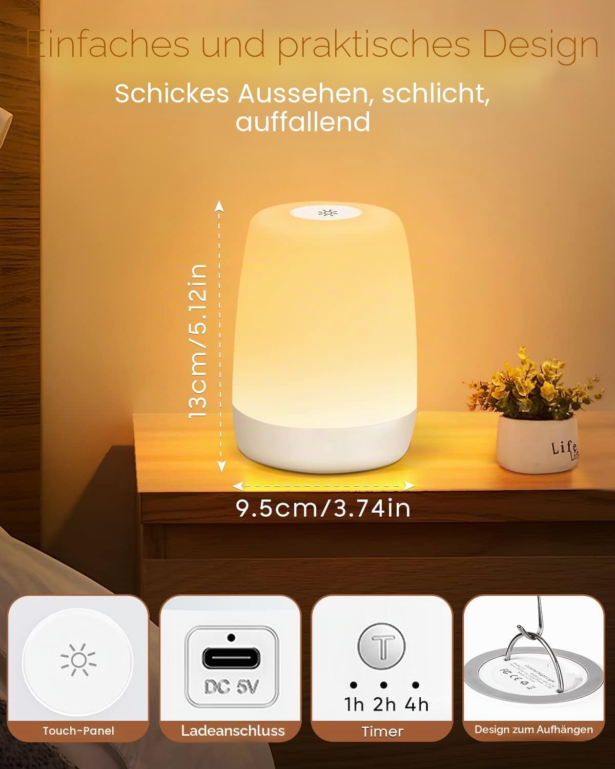 Detalle de FOMYHEARD Nachtlicht Kinderzimmer: Touch-Dimmbar, Warmlicht & RGB‑Spektrum, USB aufladbar