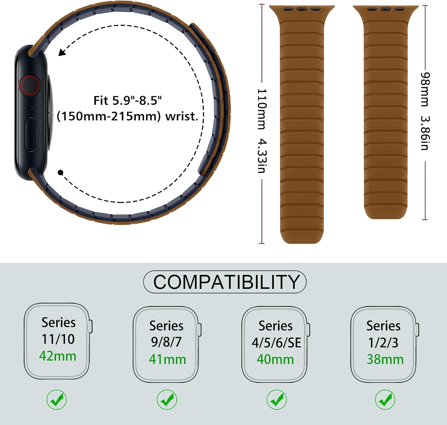 Detalle de Sixmoat Magnetic Silicone Strap for Apple Watch (42mm/41mm/40mm/38mm) – Brown-Indigo, 150–215mm wrists