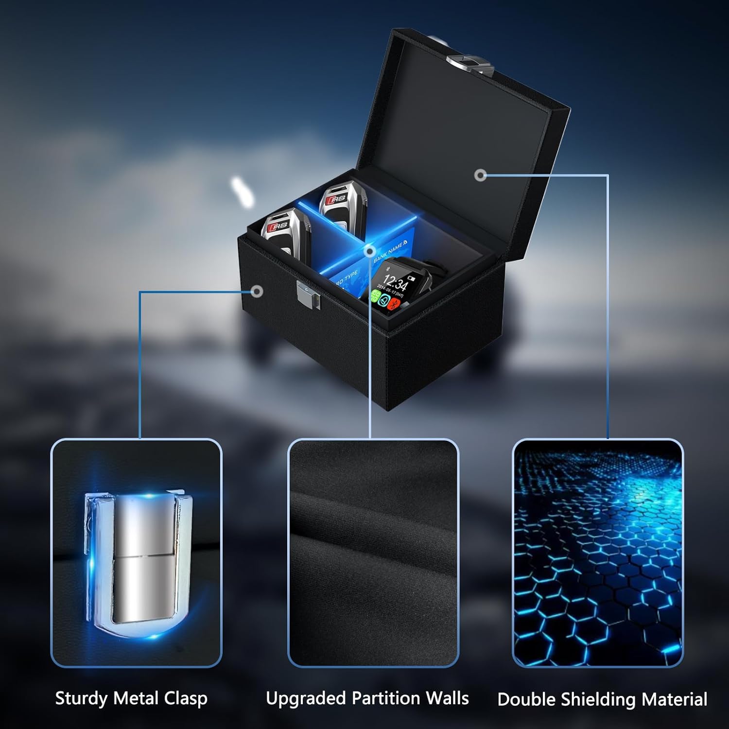 Detalle 2 de Boîte Anti RFID pour Clé Voiture Ocuvaep – Protection Keyless Go avec Étui et Compartiments