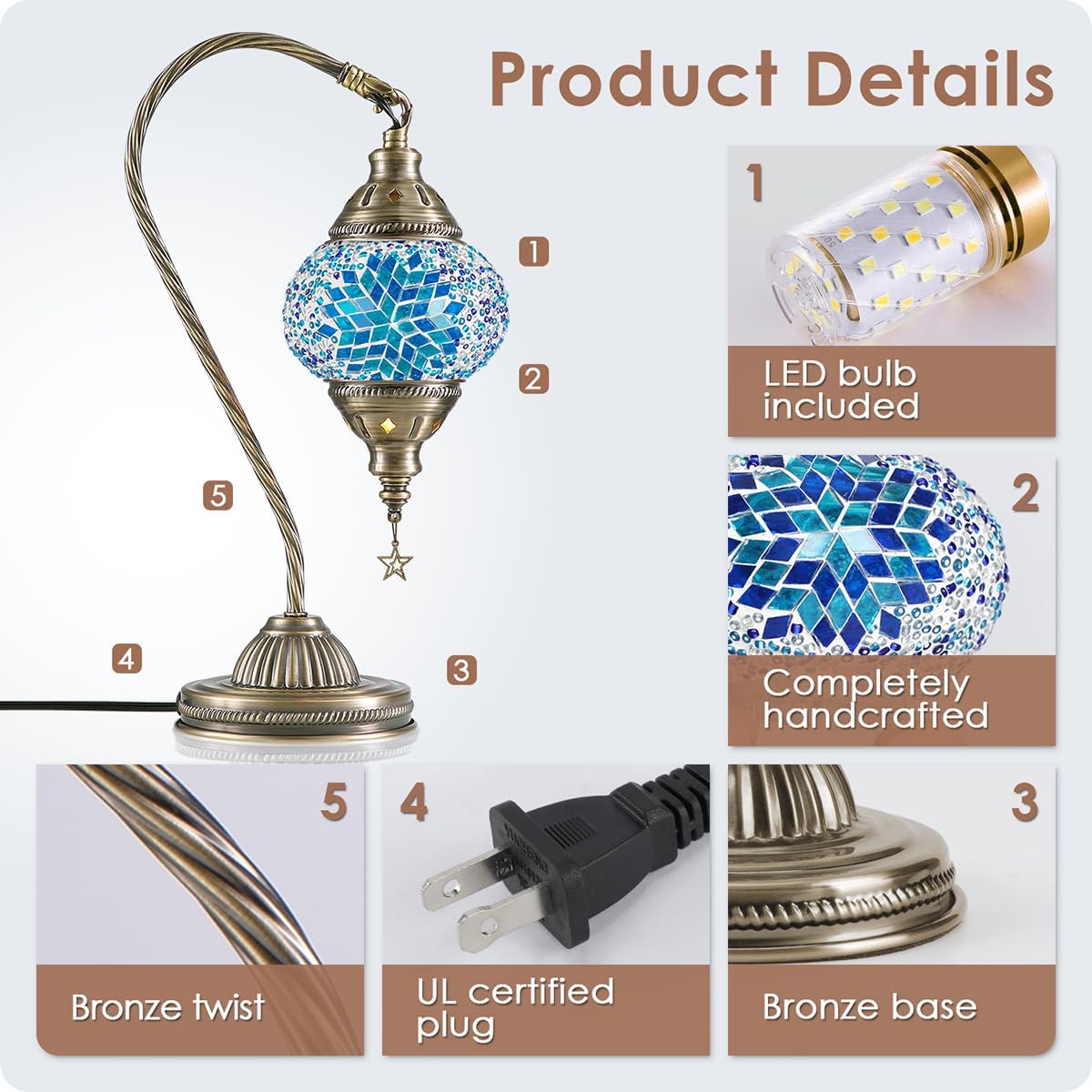 Detalle 1 de Yarra-Decor TD-006R Moroccan Table Lamp, Mosaic Glass Shade and Bronze Base