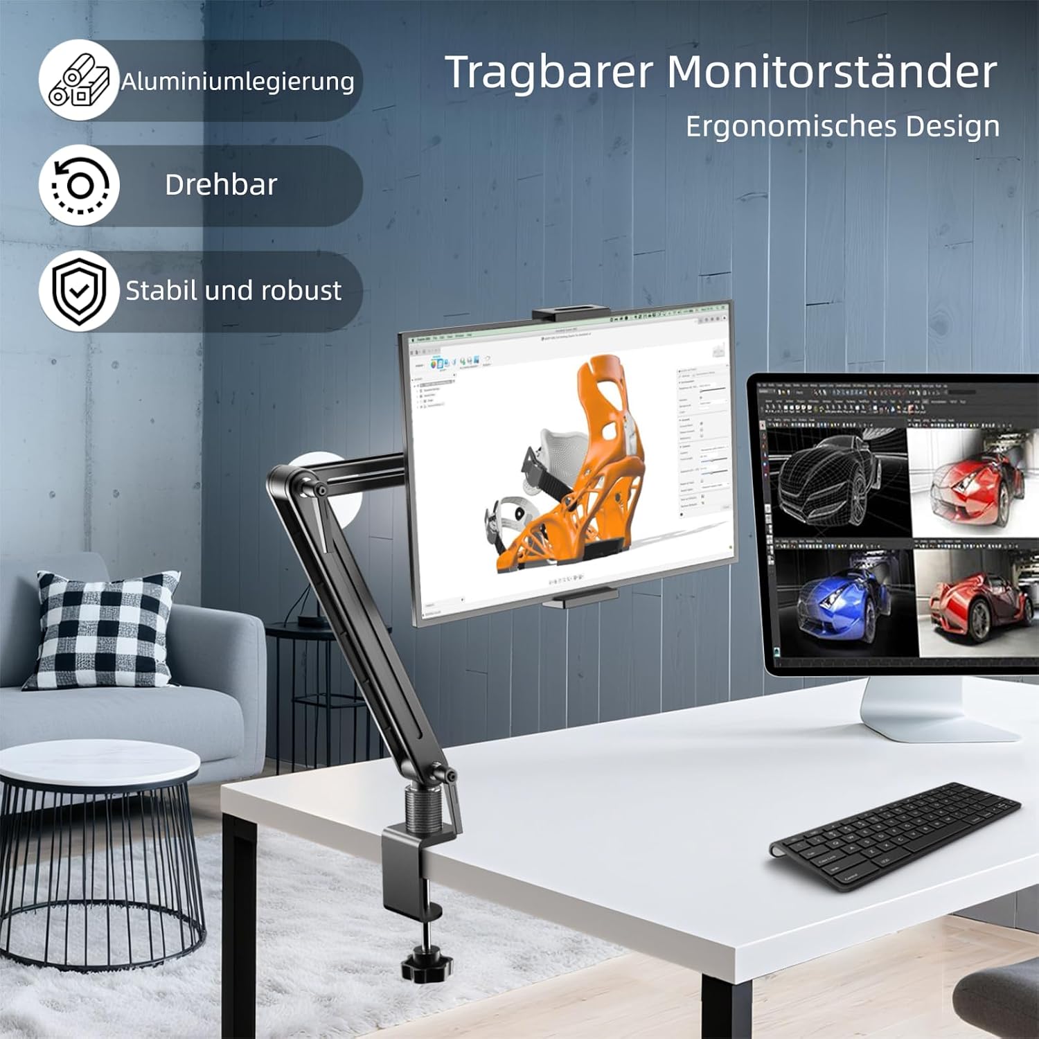 Detalle 2 de Feising Aluminium Tablet-Halterung mit Schwenkarm (360°) für iPad & Galaxy – bis 15,6 Zoll