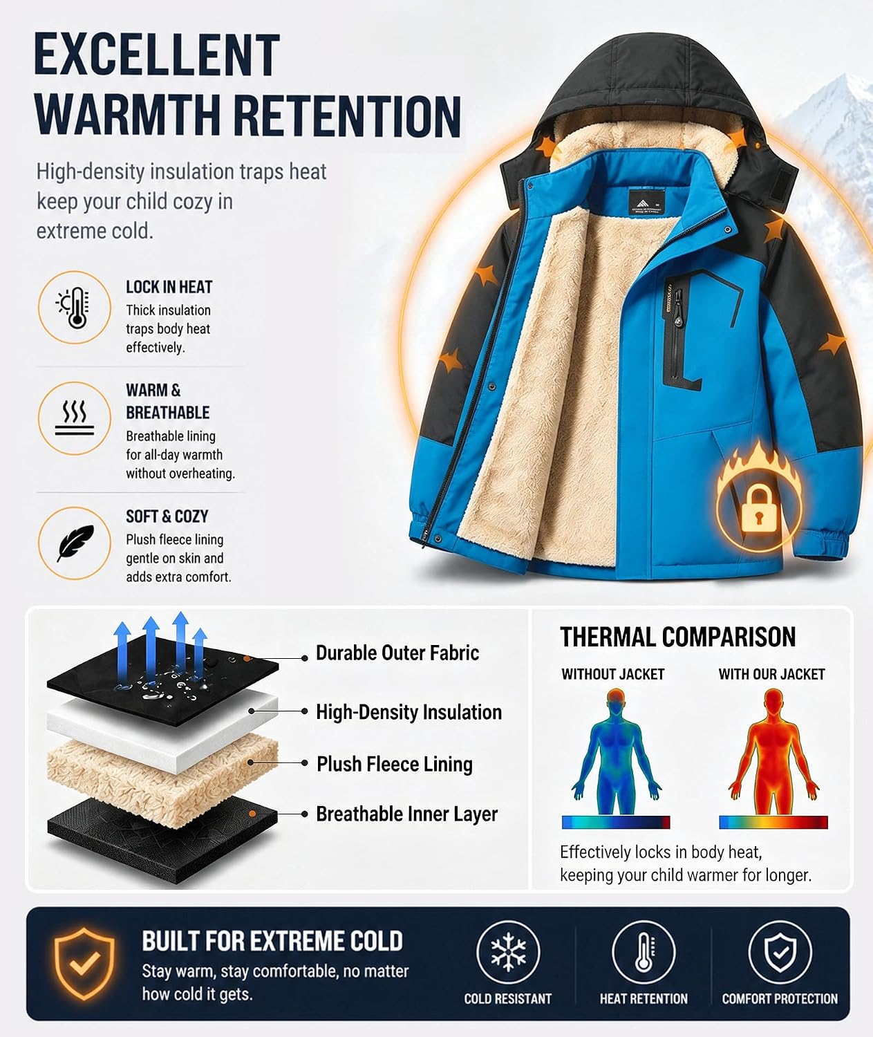 Detalle 2 de ZITY Kids Ski Jacket, Sherpa-Fleece Lined with Removable Hood