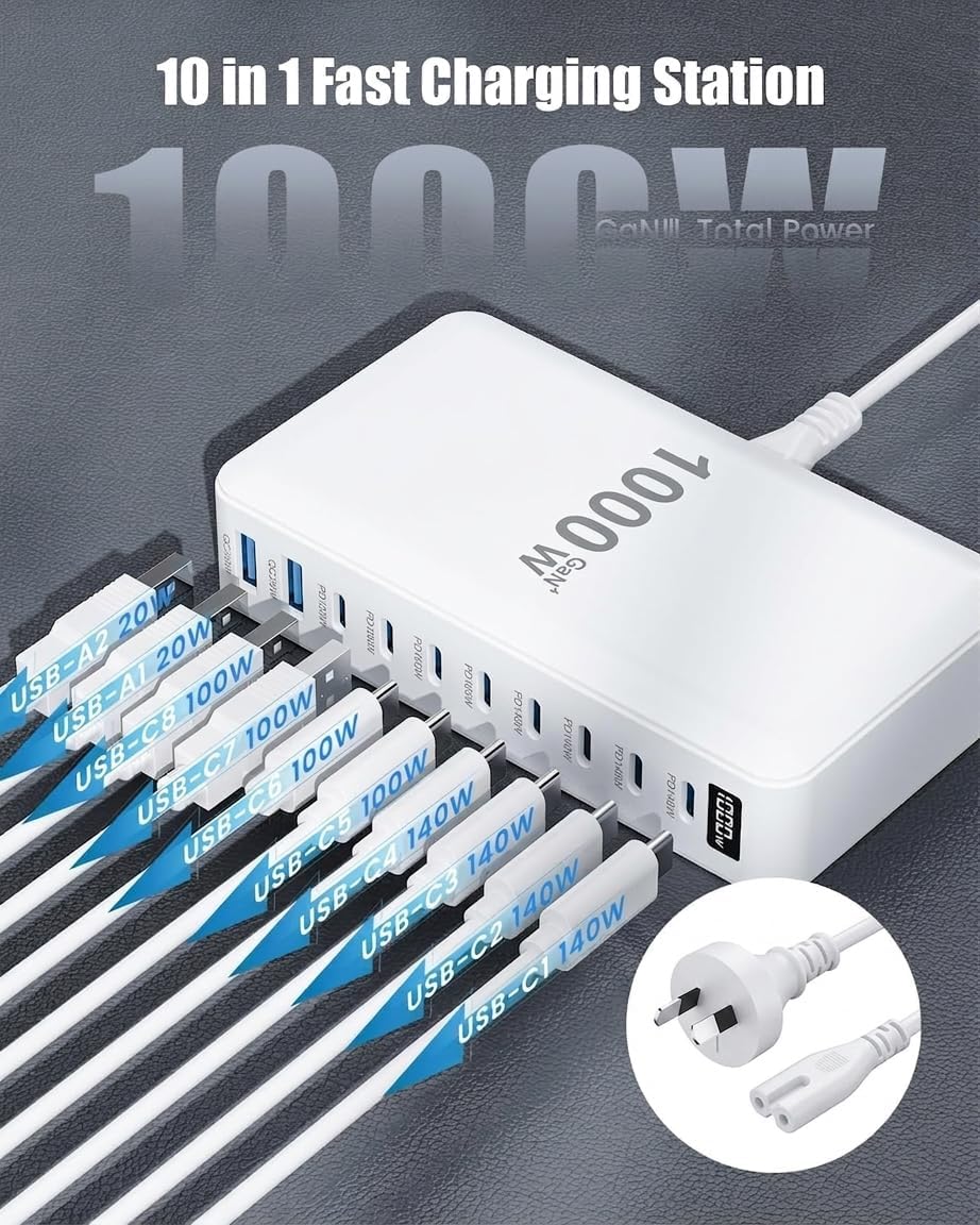 Thumbnail 1 de 1000W GaN USB C Charger with 10 Ports: A Practical 140W Fast Charging Hub for Multiple Devices