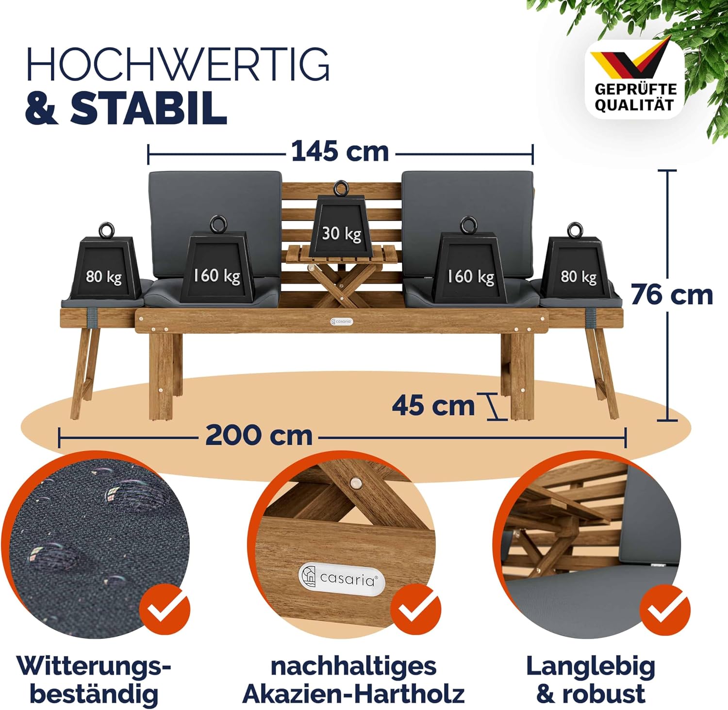 Thumbnail 2 de Casaria Gartenbank Wetterfest Holz mit Tisch 200x50 cm – 3-Sitzer, FSC Akazie, klappbar