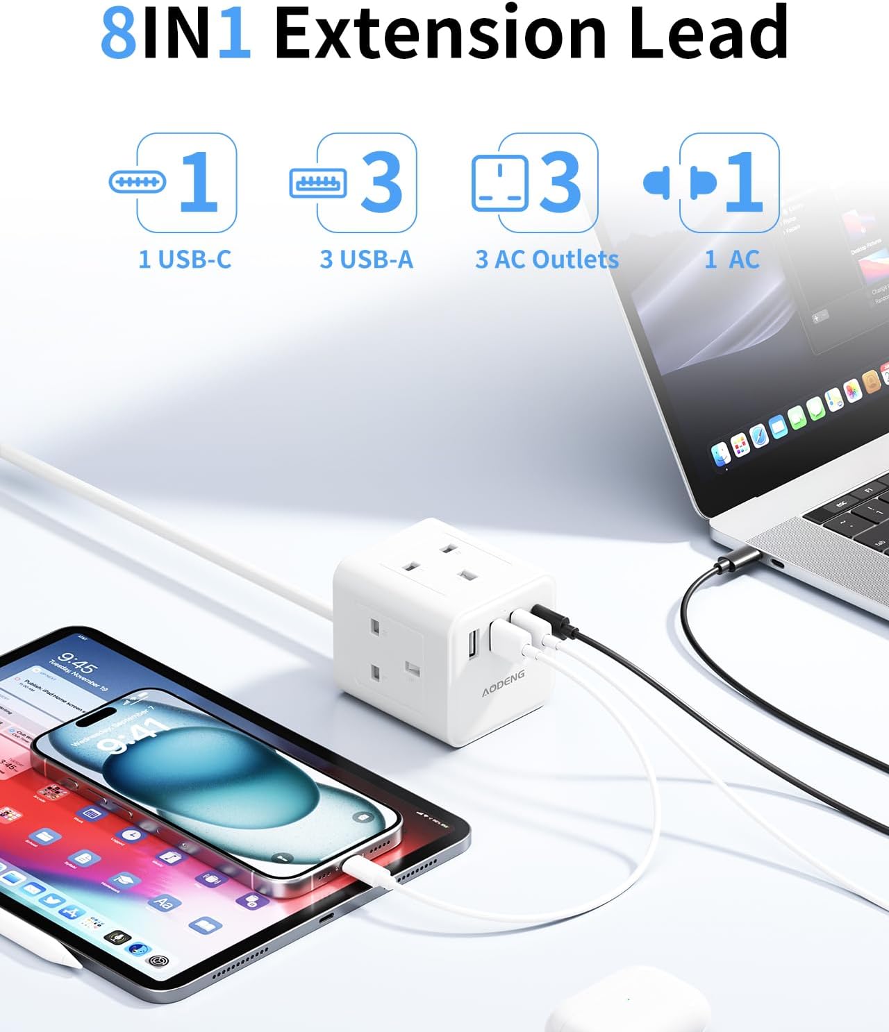 Detalle de Extension lead with 4 USB slots, 1.5m