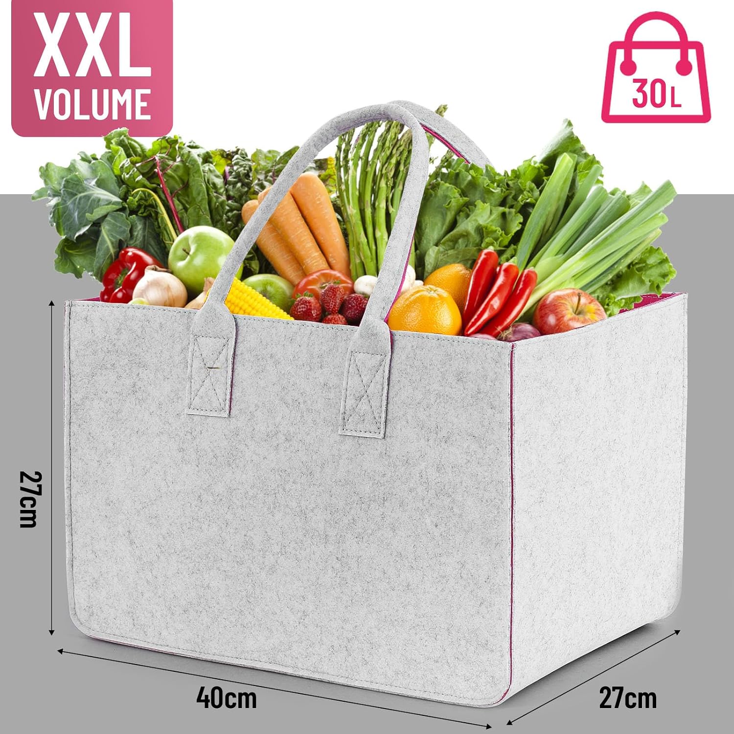 Detalle de Sinand 2er-Set Filz-Einkaufstaschen (30 l) – Shopper aus Filz, faltbar & leicht, 40 x 27 x 27 cm