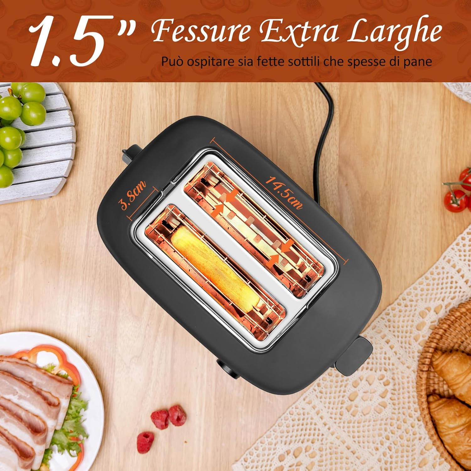Detalle de Aigostar Energy tostapane a 2 fette con fessure extra larghe, centratura automatica e 6 livelli