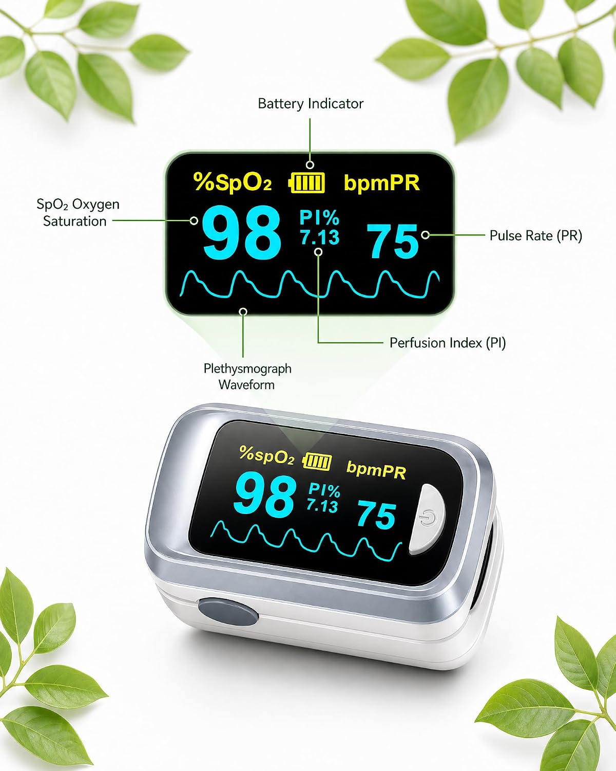 Detalle de Healthtree JKS50B Pulse Oximeter Fingertip – Fast, accurate SpO2 and heart rate readouts