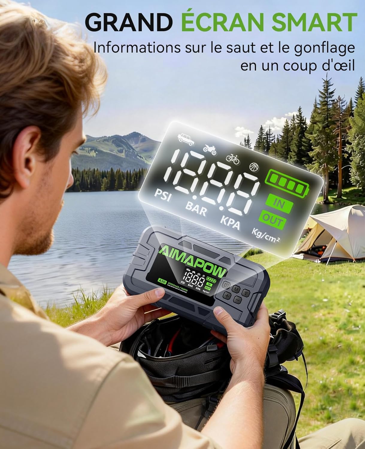 Thumbnail 3 de AIMAPOW Booster Batterie Voiture 12V 8000A avec compresseur 160 PSI, démarreur portable et lampe LED 600 lm