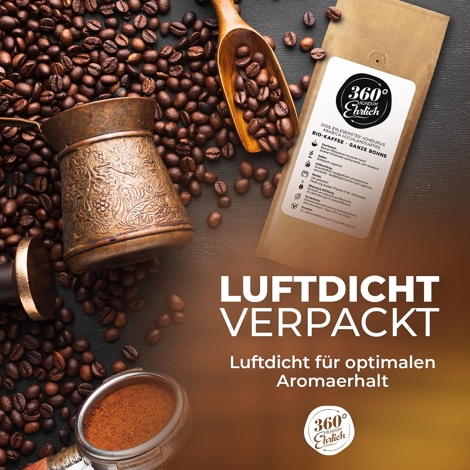 Detalle de 360° Premium Bio Kaffeebohnen 500 g – 100% Honduras Hochland Arabica, mild & säurearm, ganze Bohnen
