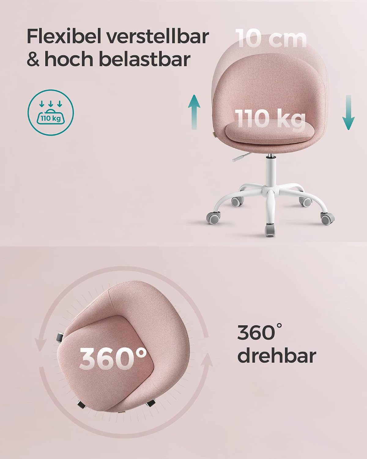 Thumbnail 6 de SONGMICS Homeoffice-Stuhl OBG020P01 (Schminkstuhl/Schreibtischstuhl), höhenverstellbar, pastellrosa