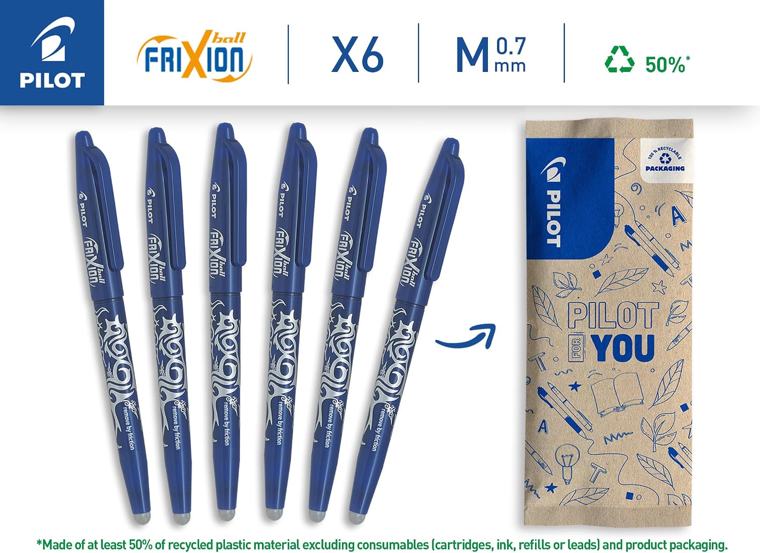 Detalle de PILOT FriXion Ball rollerballpenna, blått raderbart bläck, 0,7 mm, 6-pack