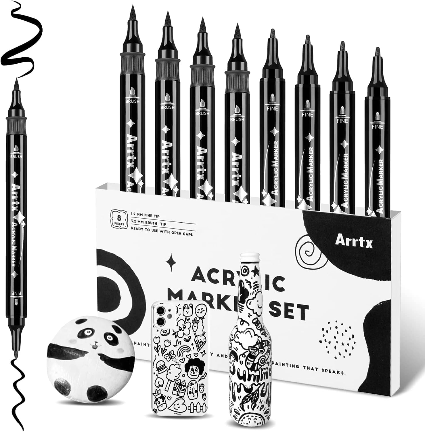 Detalle de Arrtx svarta akrylpennor med dubbelspets, 8-pack för detaljer och bredare drag