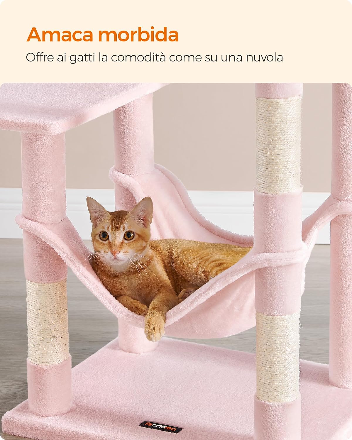 Detalle de Feandrea Albero per Gatti Alto 143 cm, tiragraffi multifunzione in peluche rosa pastello