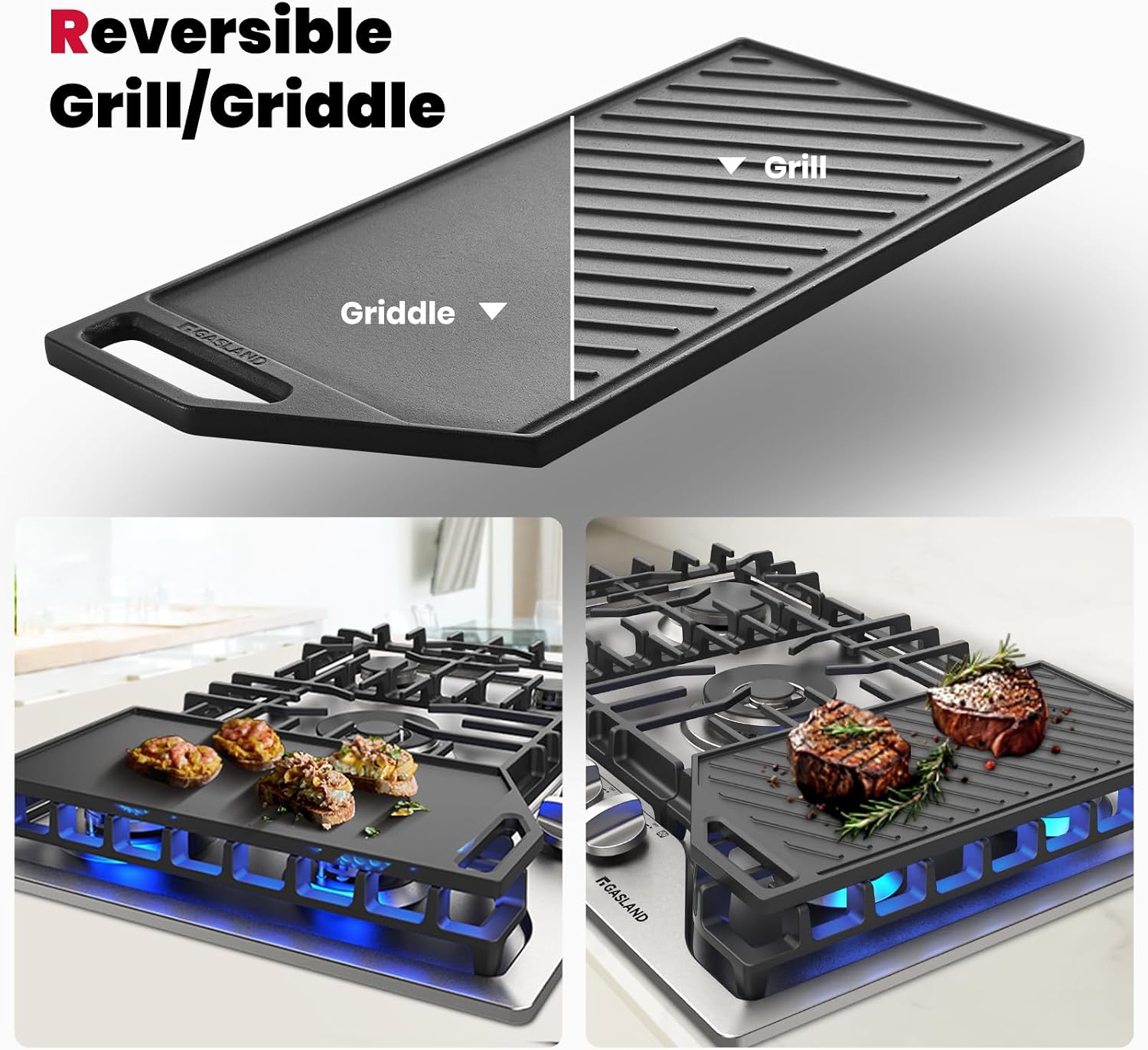 Detalle 2 de GASLAND PRO GH3305SF 30-Inch Gas Cooktop with 5 Burners and Reversible Griddle