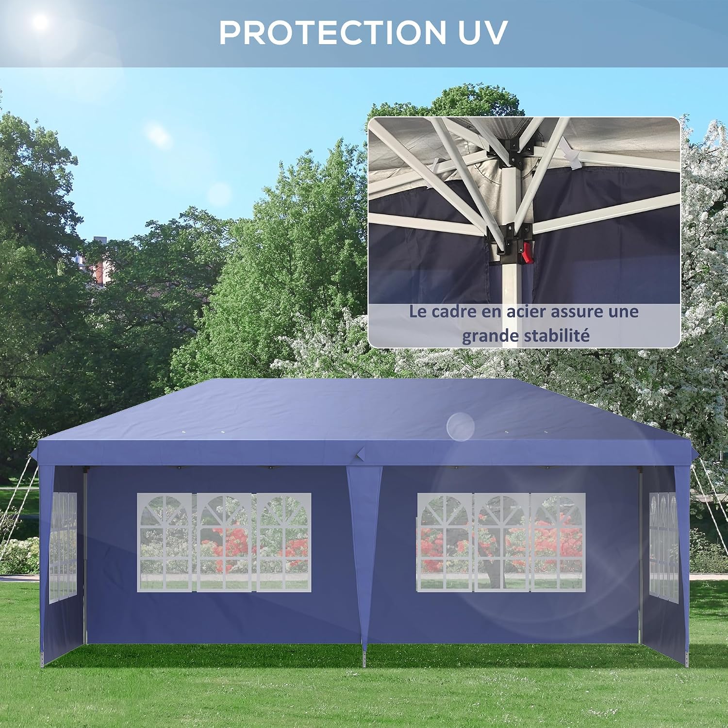 Detalle de Outsunny Tonnelle de Jardin extérieure Pop-up Pliante 3x6 m – Barnum 3 côtés démontables, blanc