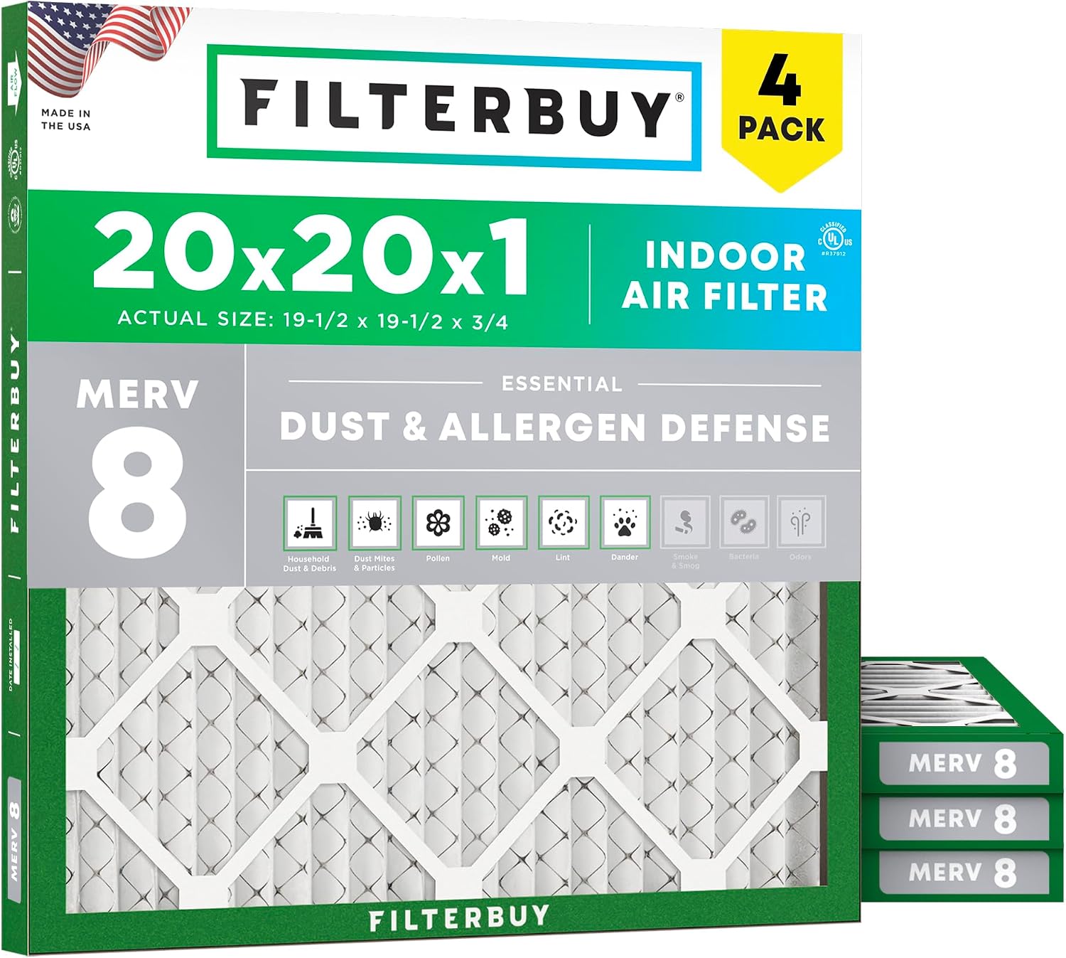 Detalle de Filterbuy 20x20x1 MERV 8 Pleated Air Filters, 4-Pack, Actual Size 19.50 x 19.50 x 0.75