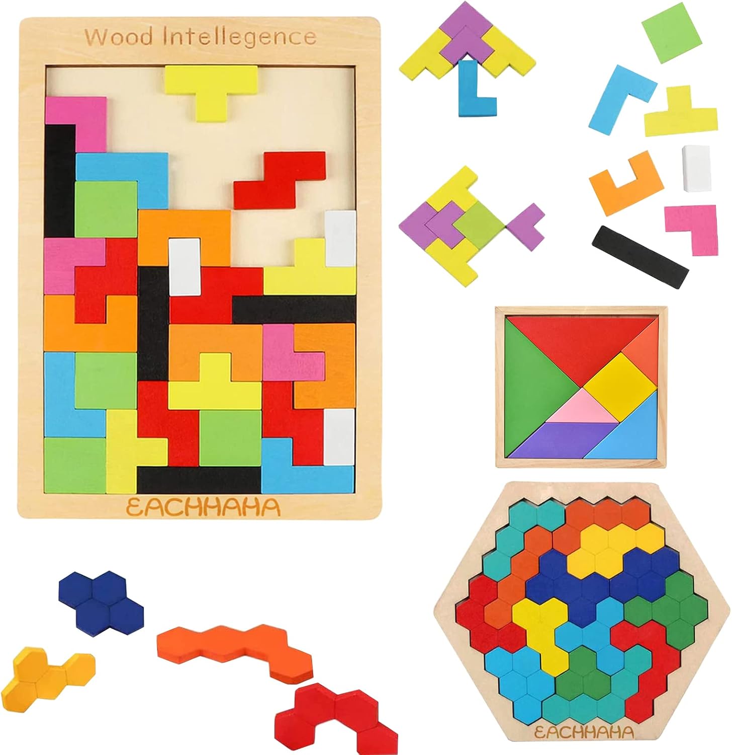 Detalle de EACHHAHA 3 in 1 Wooden Intelligence Puzzles Set — Tangram toys 🧩