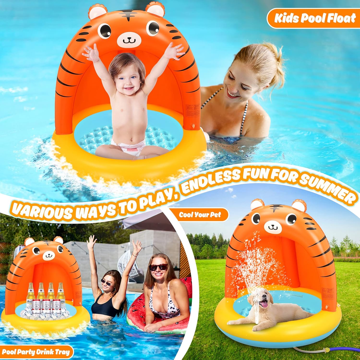 Detalle de COOLJOYA Planschbecken Wasserspielzeug für Kinder – 110 × 84 × 26 cm mit Tiger-Design