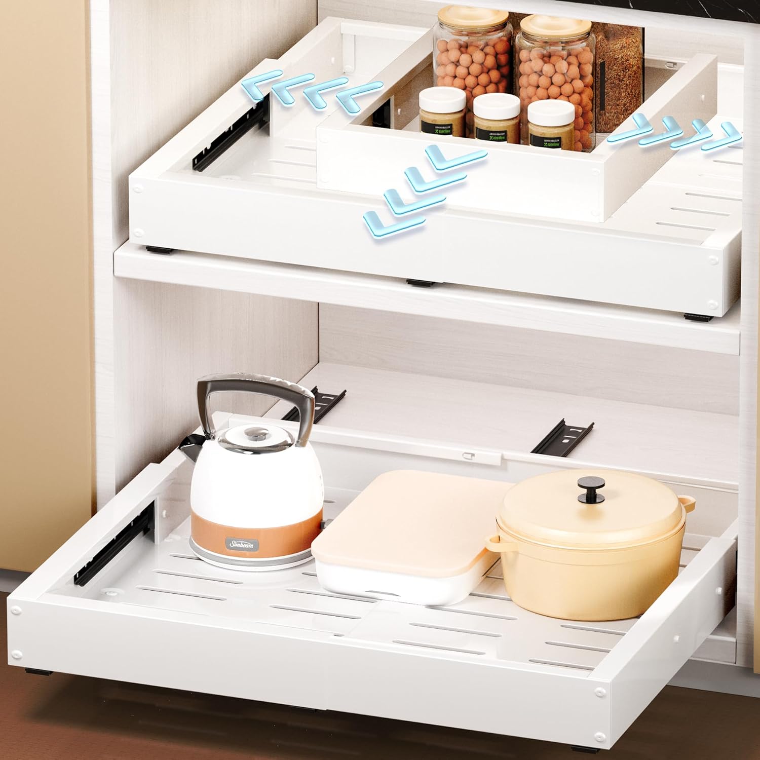Detalle de Makfoner 2 Pcs Pull Out Cabinet Organizers with Adjustable Width and Depth (12"-19" x 17"-23"), 3 Slides, Adhesive/Screw Install, No-Drill, For Kitchen & Bath