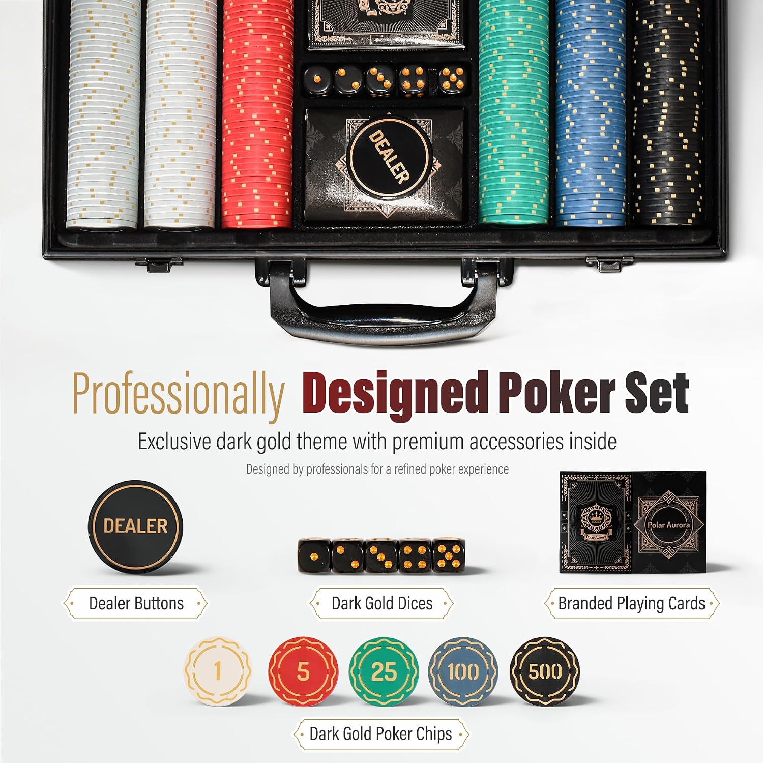 Detalle de Polar Aurora Dark Gold Poker Chip Set, 300 Chips, 11.5g, Aluminum Case