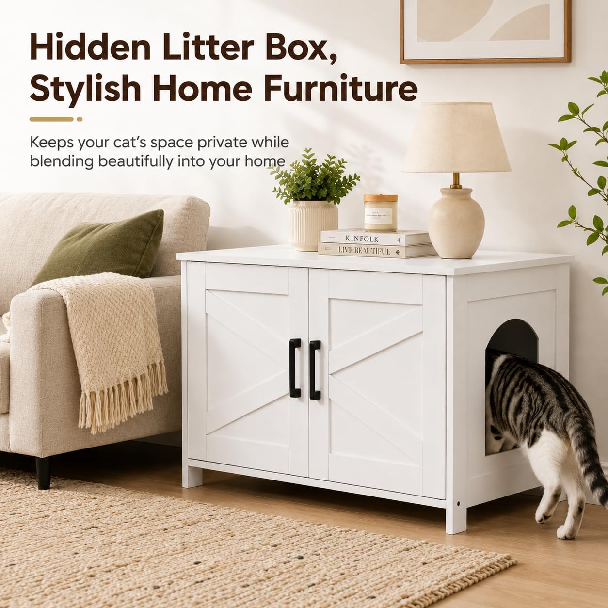 Detalle 2 de Homhedy 31.5-Inch Cat Litter Box Enclosure with Barn Door, White