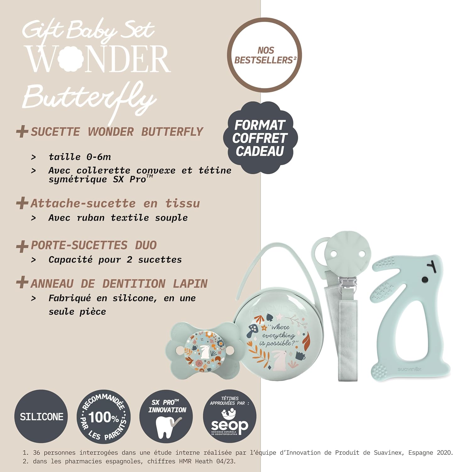 Detalle de Cadeau Naissance Suavinex Wonderland Beige : Sucette SX Pro 0-6 mois et ses accessoires