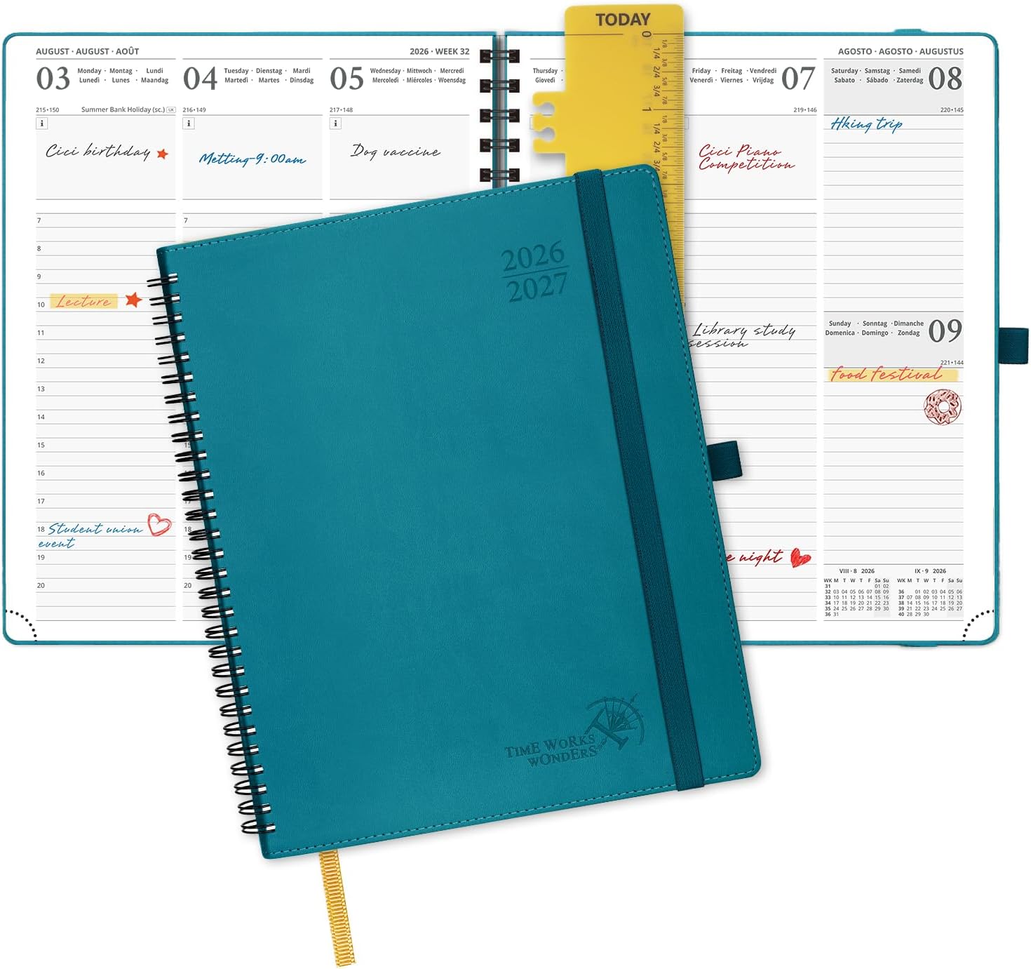 Detalle de POPRUN Academic Diary 2026-2027 Week to View Large (Pacific Green) – 17 Months, Soft Cover Spiral