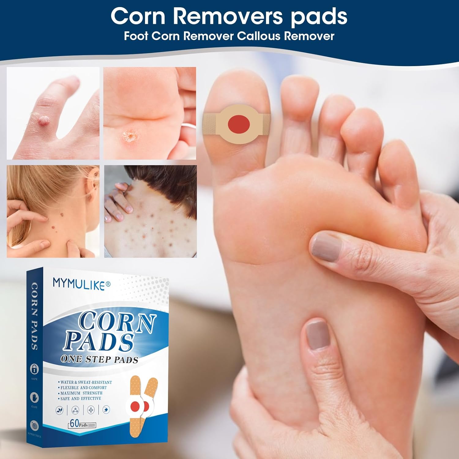 Thumbnail 1 de MYMULIKE Corn Removal Plasters for Feet – 60 Count Corn Cushions for Feet, Toes, Hands and Wart Removal