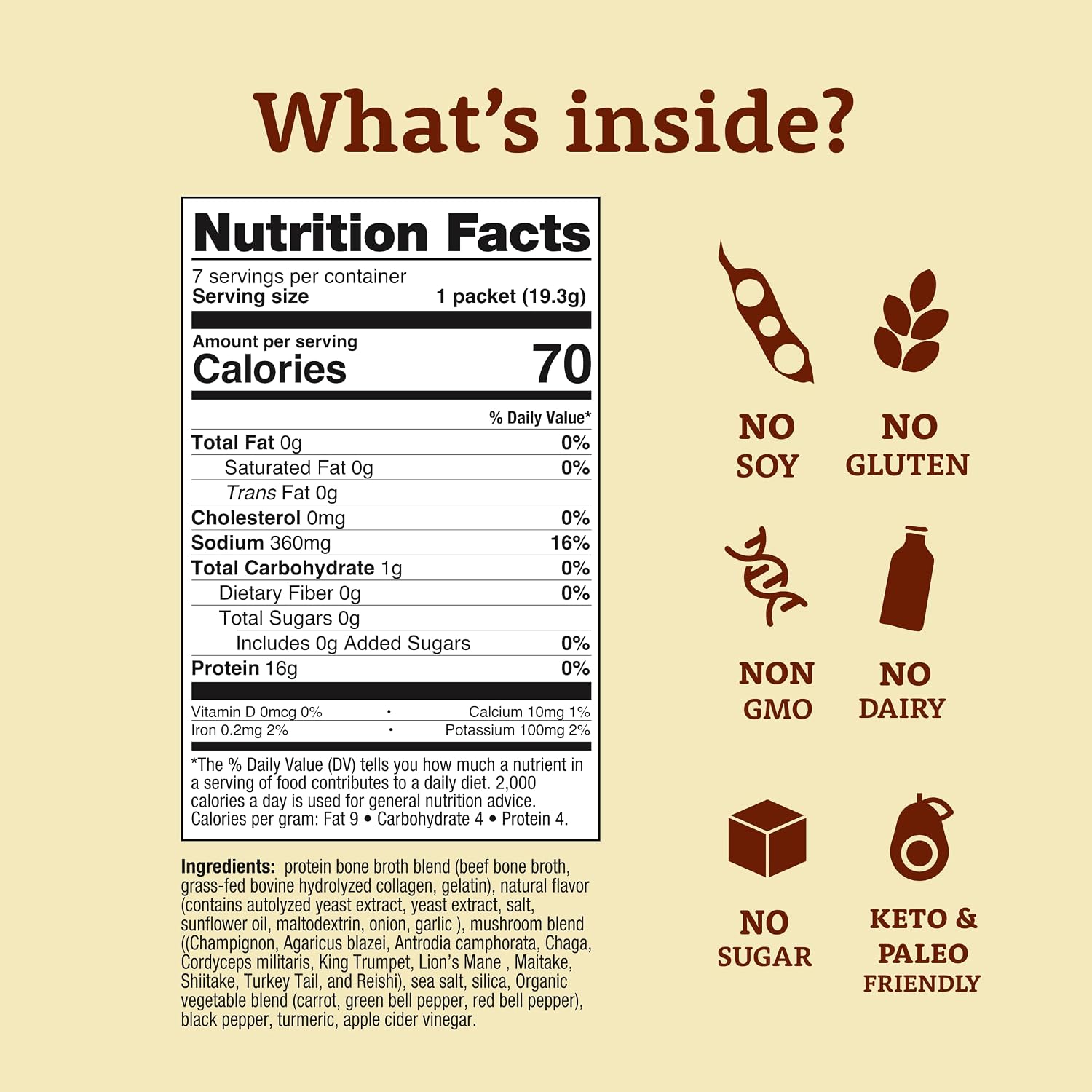 Detalle 2 de Dr. Kellyann Homestyle Mushroom Bone Broth Packets, 7 Servings, 16g Protein
